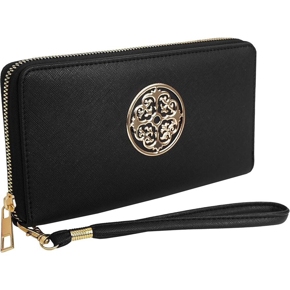 NWT‎ REBECCA & RIFKA BLACK SAFFIANO LARGE VEGAN LEATHER MEDALLION ZIP WRISTLET